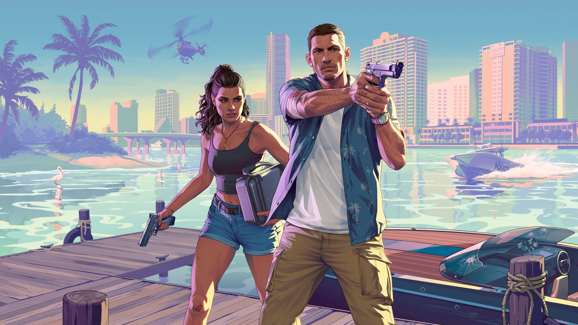 Jason Duval et Lucia Caminos, protagonistes de Grand Theft Auto VI, artwork officiel Rockstar Games